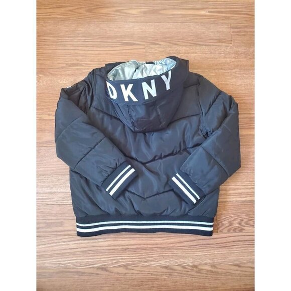 DKNY Sport Jacket Girls Size M 10/12 Black Puffer Hooded Quilted Coat Logo EUC - Picture 14 of 16